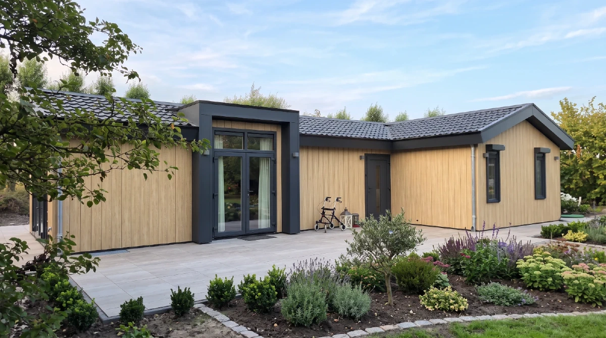 Opgeleverde L-vormige mantelzorgwoning met houtlook-gevel, antraciet kozijnen en terras in een groene tuin