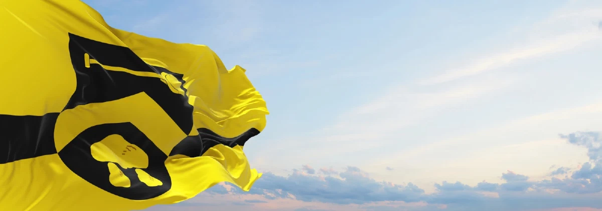De vlag van de gemeente wapperend in de wind